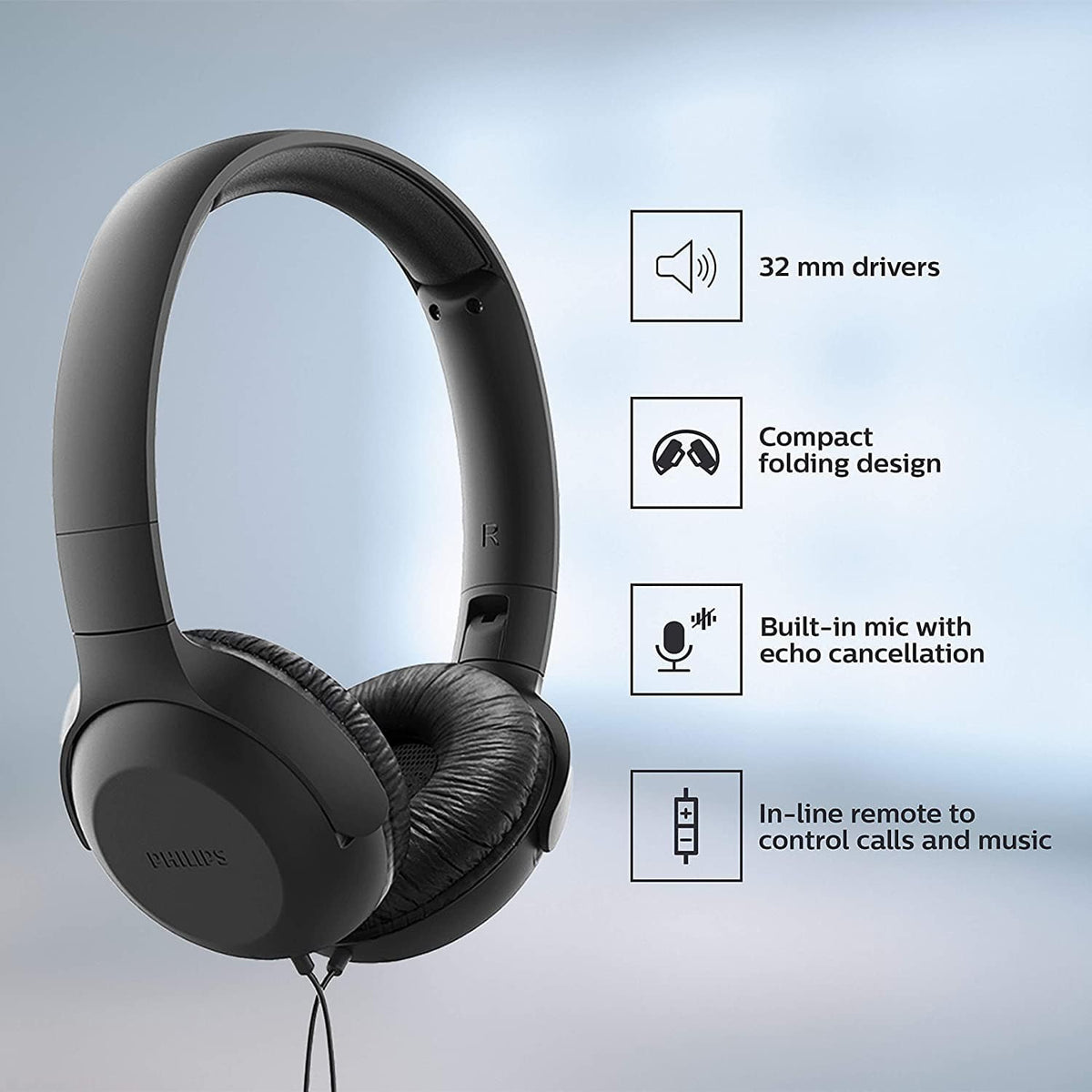 PHILIPS ON EAR HEADPHONES UH201BK/00 HEADPHONES WITH CABLE, BLACK [ACCESSORIES]